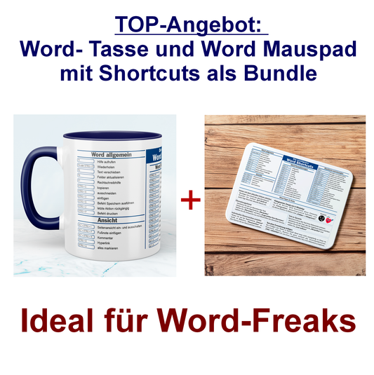 TOP-Angebot: Word - Tasse und Word Mauspad mit Shortcuts als Bundle, ideal für Word-Freaks