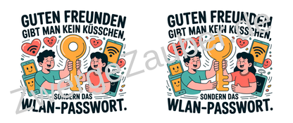 Witzige Bürotasse mit Spruch: Guten Freunden gibt man kein Küsschen, sondern das WLAN-Passwort