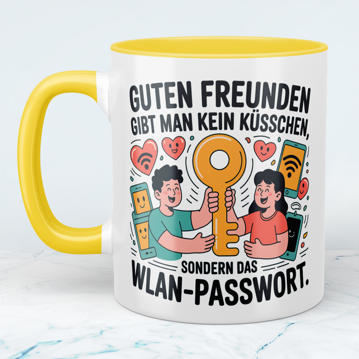Witzige Bürotasse mit Spruch: Guten Freunden gibt man kein Küsschen, sondern das WLAN-Passwort