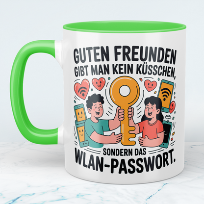 Witzige Bürotasse mit Spruch: Guten Freunden gibt man kein Küsschen, sondern das WLAN-Passwort