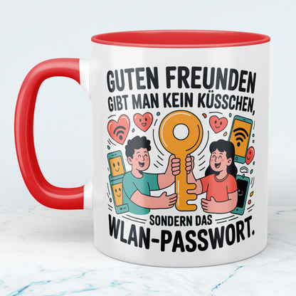 Witzige Bürotasse mit Spruch: Guten Freunden gibt man kein Küsschen, sondern das WLAN-Passwort