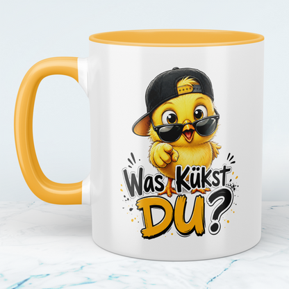Tasse „Was kükst Du“ – lustige Hühner-Tasse mit frechem Spruch