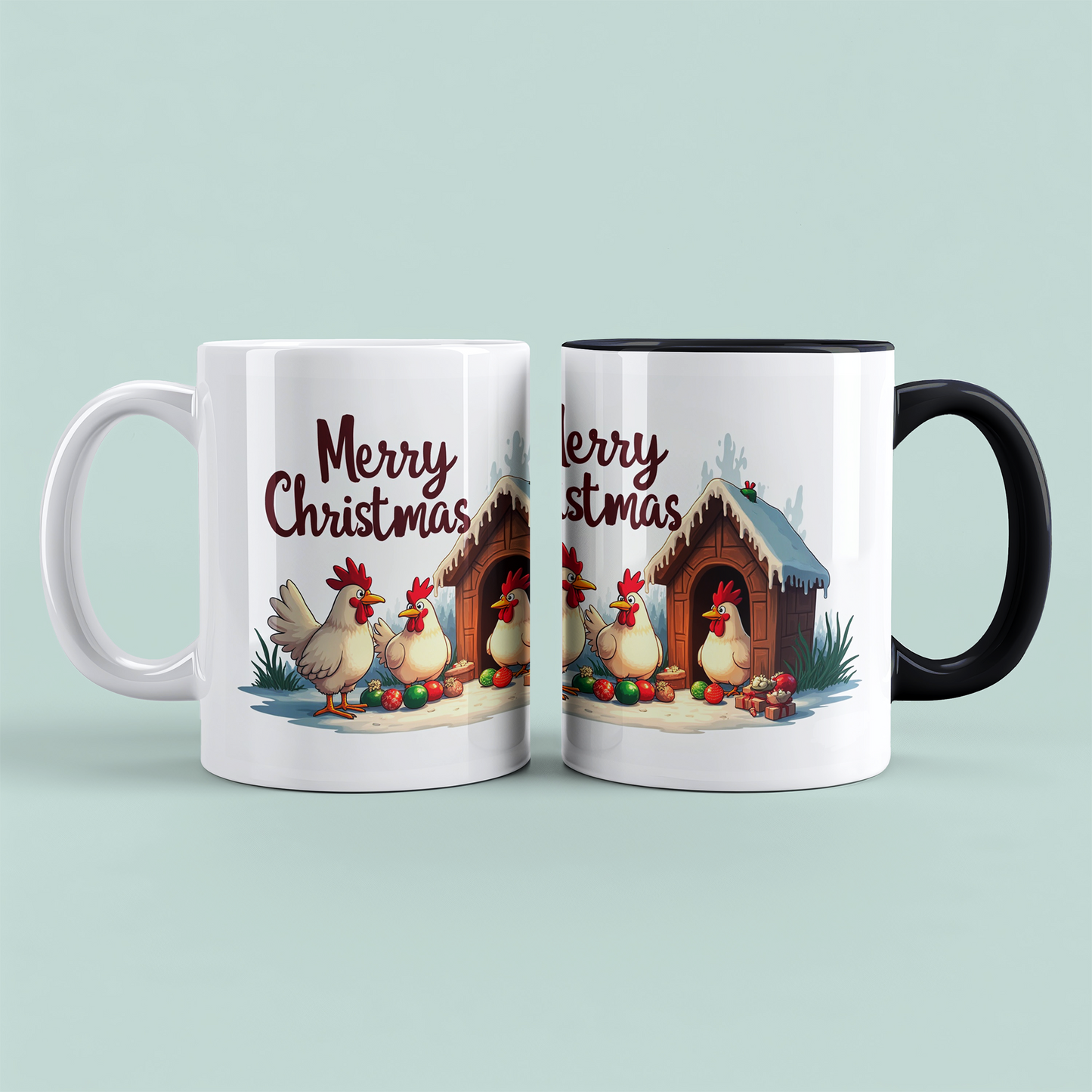 Lustige bedruckte Weihnachtstasse mit fröhlichen Hühnern – Merry Christmas Geschenkidee!