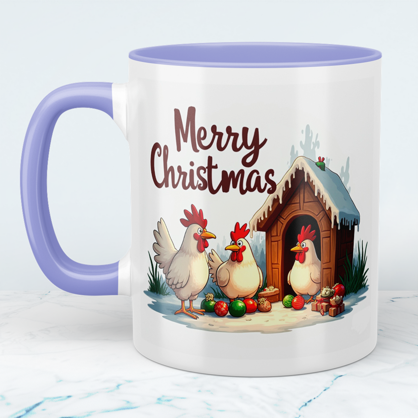 Lustige bedruckte Weihnachtstasse mit fröhlichen Hühnern – Merry Christmas Geschenkidee!