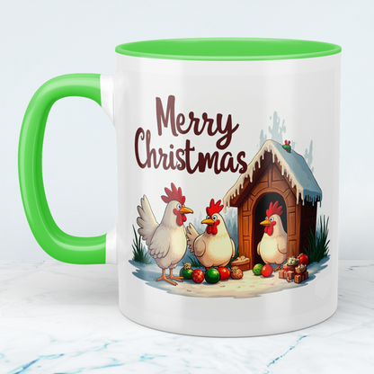 Lustige bedruckte Weihnachtstasse mit fröhlichen Hühnern – Merry Christmas Geschenkidee!