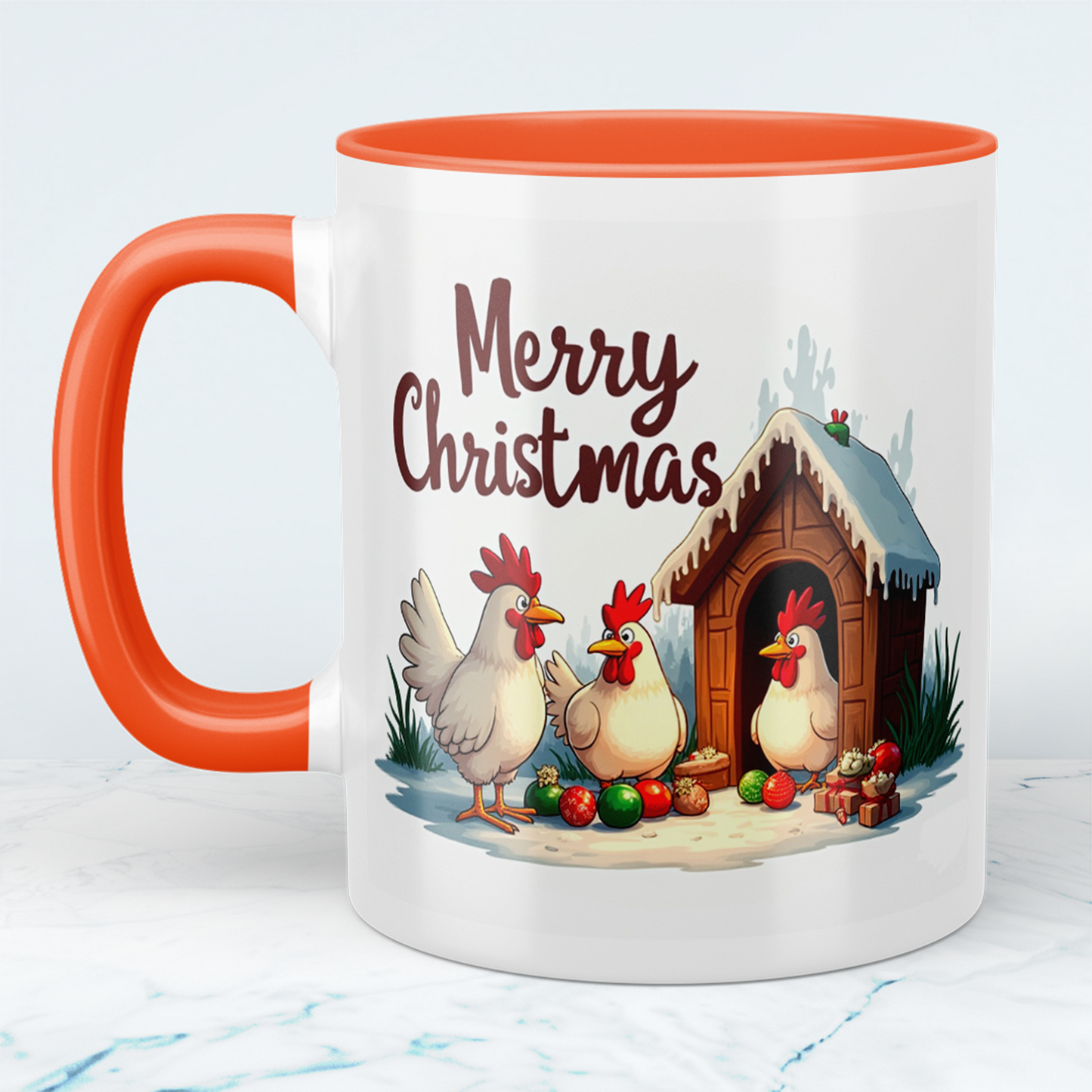 Lustige bedruckte Weihnachtstasse mit fröhlichen Hühnern – Merry Christmas Geschenkidee!