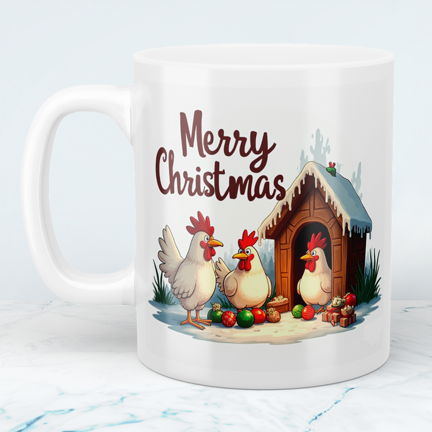 Lustige bedruckte Weihnachtstasse mit fröhlichen Hühnern – Merry Christmas Geschenkidee!