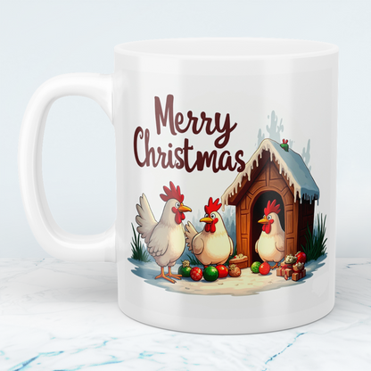 Lustige bedruckte Weihnachtstasse mit fröhlichen Hühnern – Merry Christmas Geschenkidee!