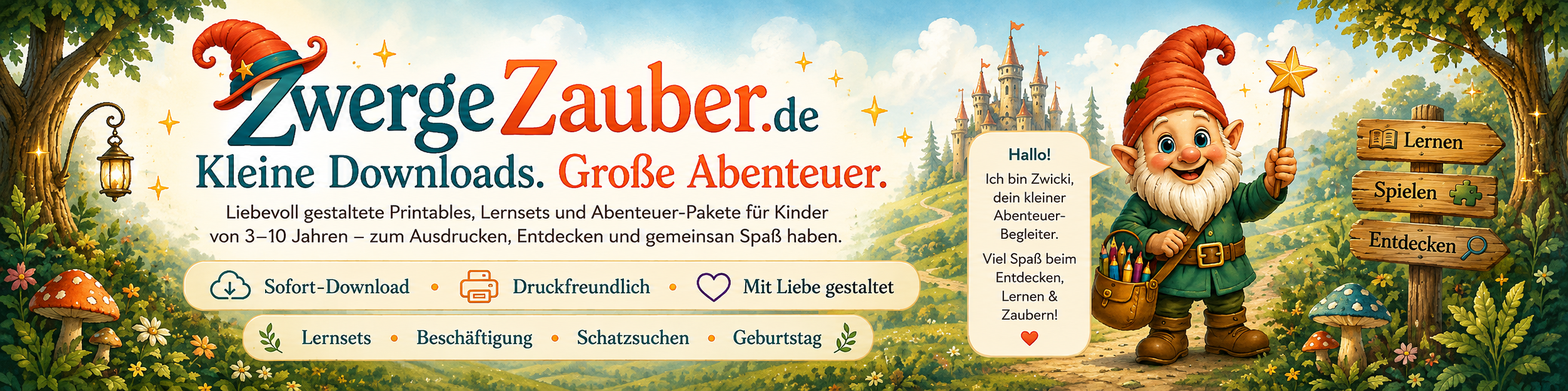 ZwergeZauber Startseite mit digitalen Lernsets, Beschäftigung und Abenteuern für Kinder