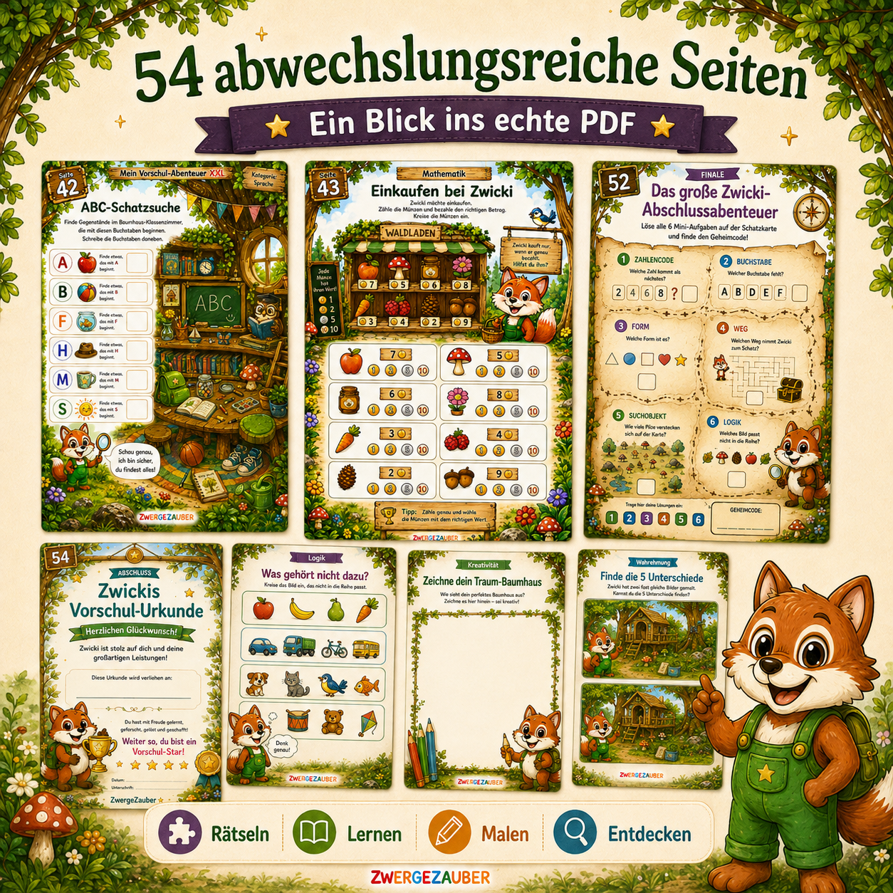 Vorschul-Lernset für Kinder ab 4 Jahren mit 54 Seiten Rätseln, Lernaufgaben, Malen und Entdecken als PDF