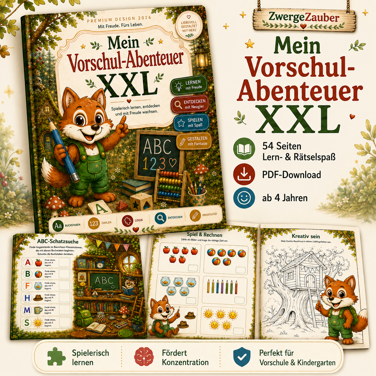 Vorschul-Lernset für Kinder ab 4 Jahren mit Buchstaben, Zahlen, Rätseln und Konzentrationsübungen