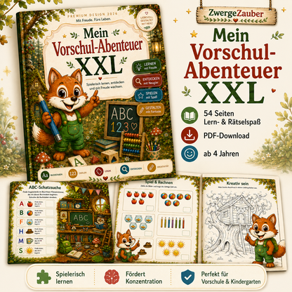 Vorschul-Lernset für Kinder ab 4 Jahren mit Buchstaben, Zahlen, Rätseln und Konzentrationsübungen