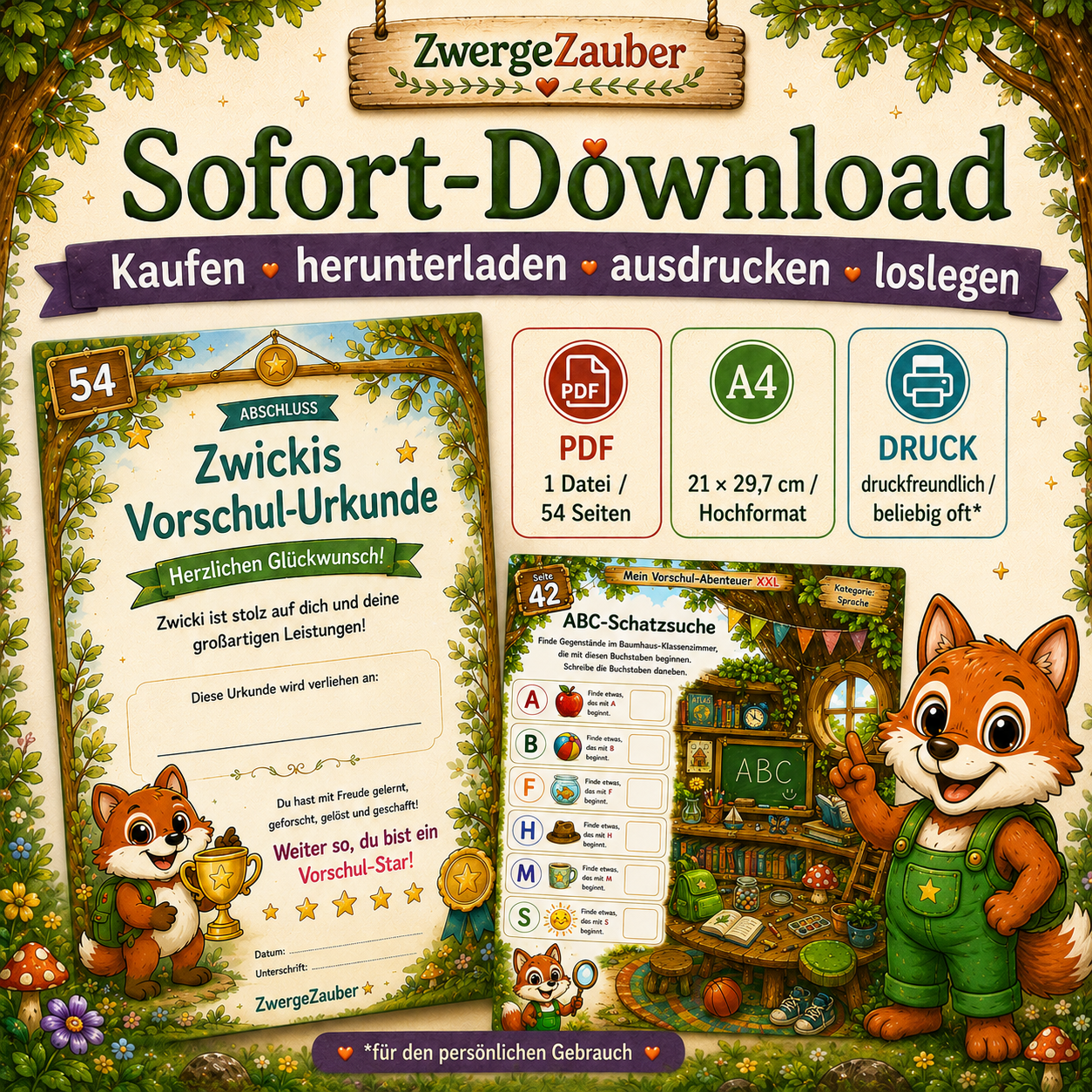 Vorschul-Lernset als PDF-Sofort-Download mit 54 Seiten im A4-Format zum Ausdrucken