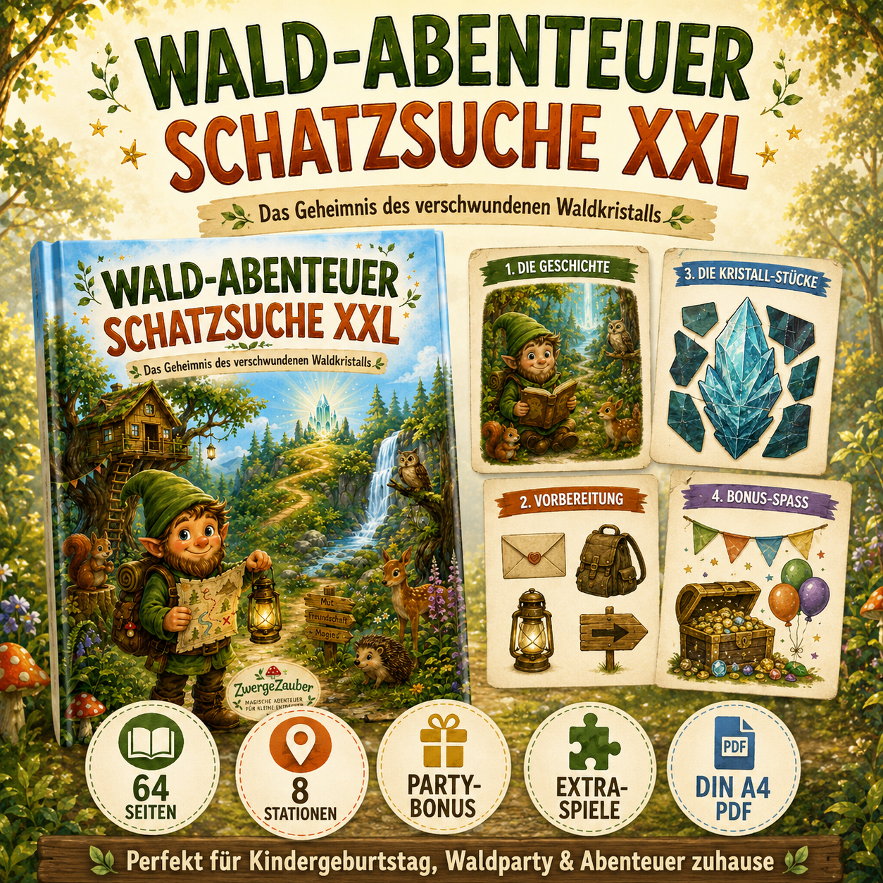 Schatzsuche für Kinder im Wald – 64 Seiten PDF mit 8 Stationen, Rätseln, Schatzkarte und Party-Bonus