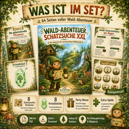 Schatzsuche für Kinder – 64 Seiten PDF mit 8 Stationen, Kristallstücken, Party-Bonus und zusätzlichen Spielen