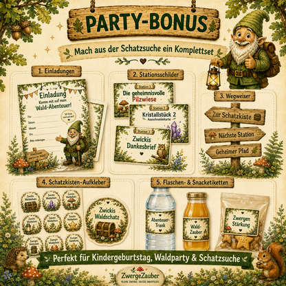 Schatzsuche für Kinder mit Party-Bonus – Einladungen, Stationsschilder, Wegweiser und Deko zum Ausdrucken