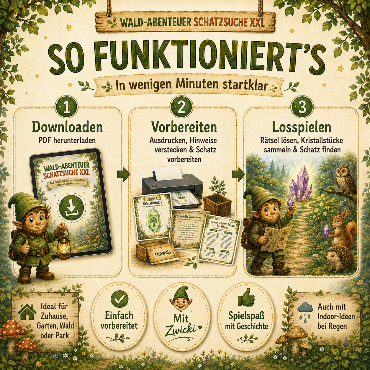 Digitale Schatzsuche für Kinder – PDF herunterladen, Hinweise vorbereiten und Wald-Abenteuer direkt starten