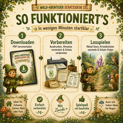 Digitale Schatzsuche für Kinder – PDF herunterladen, Hinweise vorbereiten und Wald-Abenteuer direkt starten