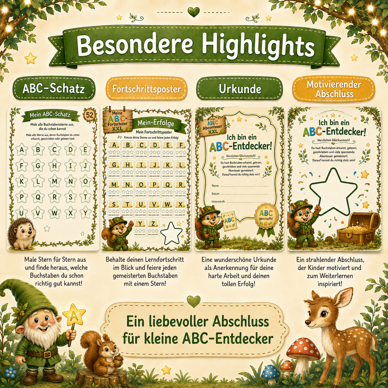 ABC-Urkunde und Belohnungsseite aus dem ABC-Abenteuer XXL für Kinder in Vorschule und Schulstart