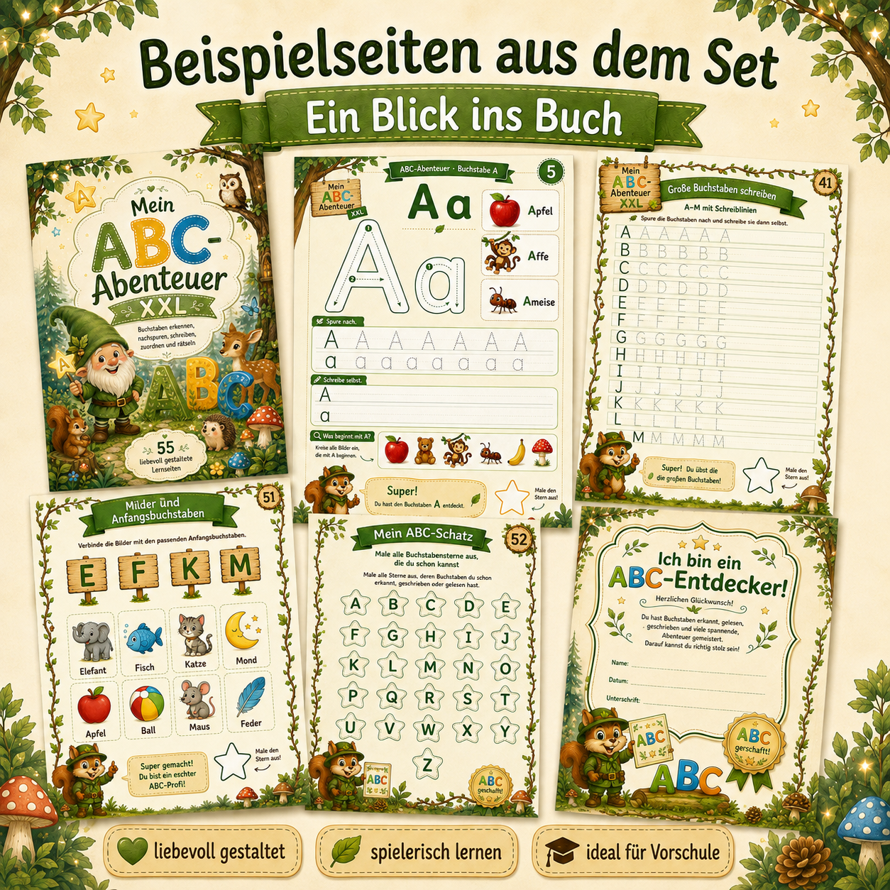 Beispielseiten aus dem ABC-Abenteuer XXL mit Buchstabenübungen, Schreibtraining und kindgerechten Lernaufgaben