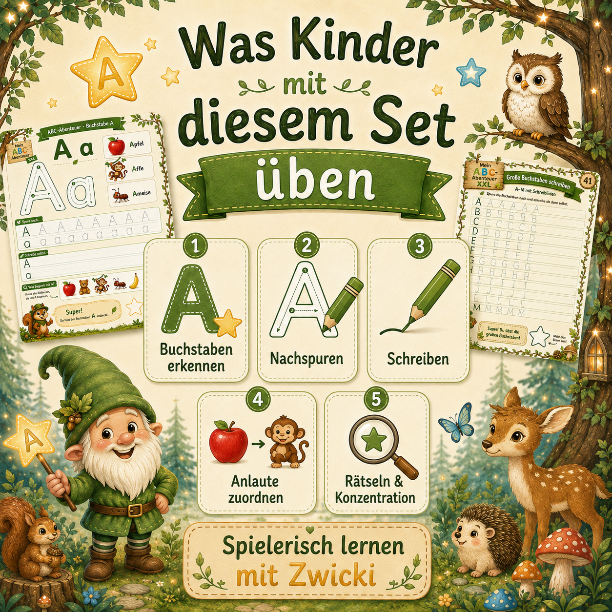 ABC-Lernset mit Zwicki zum spielerischen Buchstabenlernen, Nachspuren, Schreiben und Zuordnen