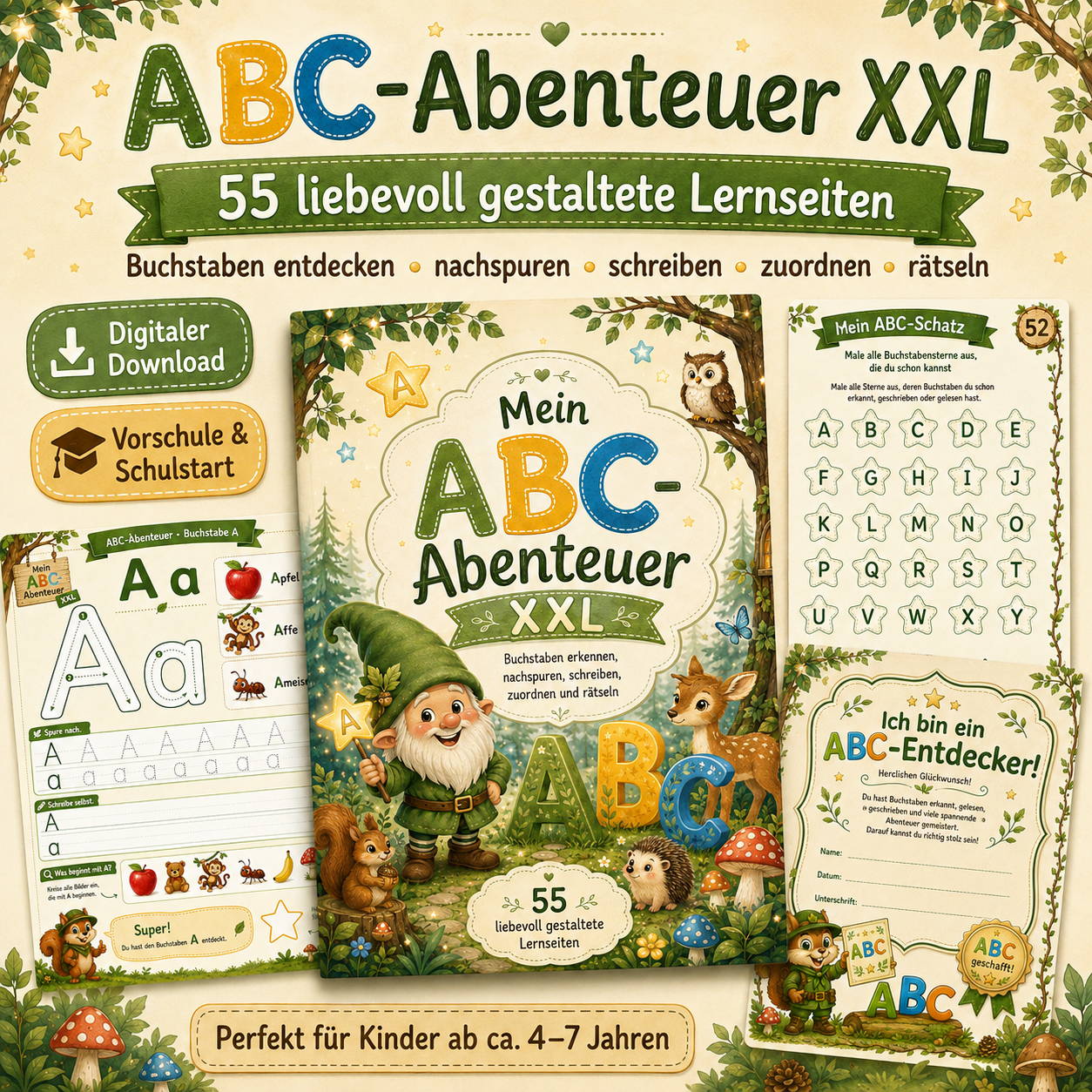 ABC-Abenteuer XXL Lernheft für Vorschulkinder mit 55 Seiten zum Buchstabenlernen, Nachspuren, Schreiben und Rätseln
