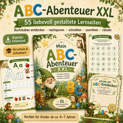 ABC-Abenteuer XXL Lernheft für Vorschulkinder mit 55 Seiten zum Buchstabenlernen, Nachspuren, Schreiben und Rätseln