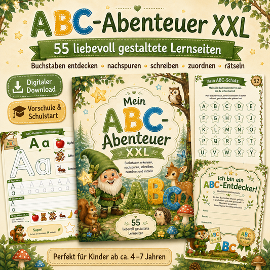 ABC-Abenteuer XXL Lernheft für Vorschulkinder mit 55 Seiten zum Buchstabenlernen, Nachspuren, Schreiben und Rätseln