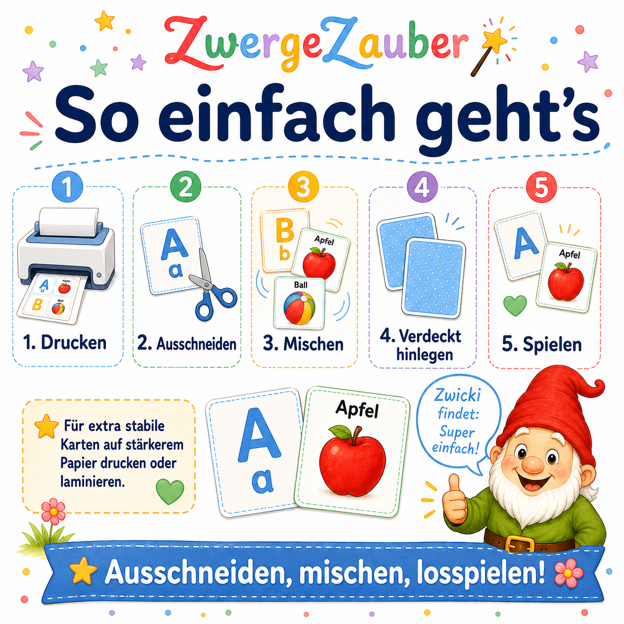 18-seitiges ABC-Memory PDF von ZwergeZauber mit 52 Karten, Spielanleitung und zusätzlichen Spielideen