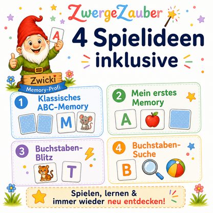 18-seitiges ABC-Memory PDF von ZwergeZauber mit 52 Karten, Spielanleitung und zusätzlichen Spielideen