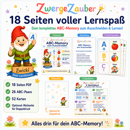 26 ABC-Paare mit Buchstaben und passenden Bildern als Memory-Lernspiel für Kindergarten und Vorschule