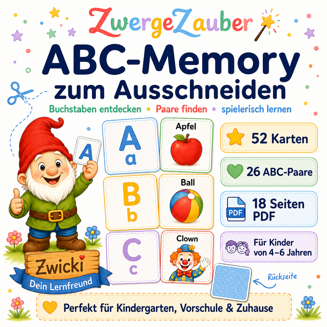 ABC-Memory zum Ausschneiden von ZwergeZauber mit 52 Karten und 26 ABC-Paaren für Kinder von 4–6 Jahren
