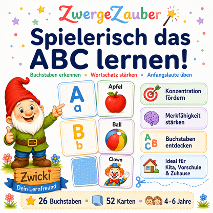 ABC-Memory Lernspiel für Kinder von 4–6 Jahren zum spielerischen Buchstabenlernen und Erkennen von Anfangslauten