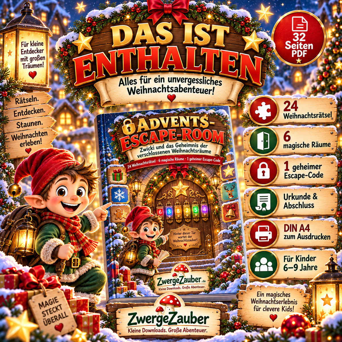 32 Seiten Advents-Escape-Room PDF mit 24 Weihnachtsrätseln, 6 Räumen, Escape-Code und Urkunde