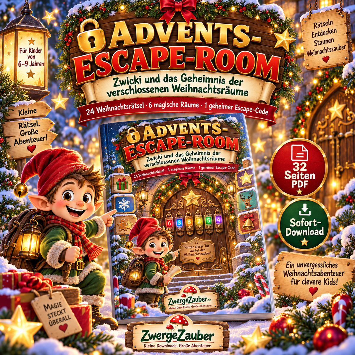 Advents-Escape-Room für Kinder von 6–9 Jahren mit Zwicki, 24 Weihnachtsrätseln und 6 magischen Räumen