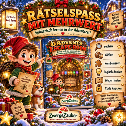 Weihnachtlicher Rätselspaß für Kinder mit Suchen, Zählen, Kombinieren, Logikrätseln und geheimem Escape-Code