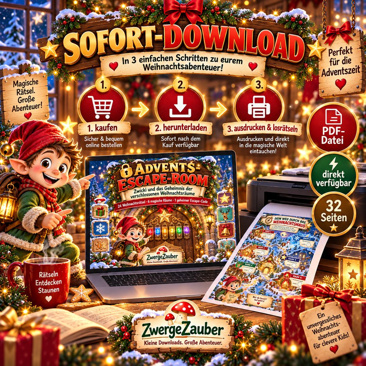 Advents-Escape-Room als PDF Sofort-Download mit 32 Seiten zum Ausdrucken und direkten Losrätseln