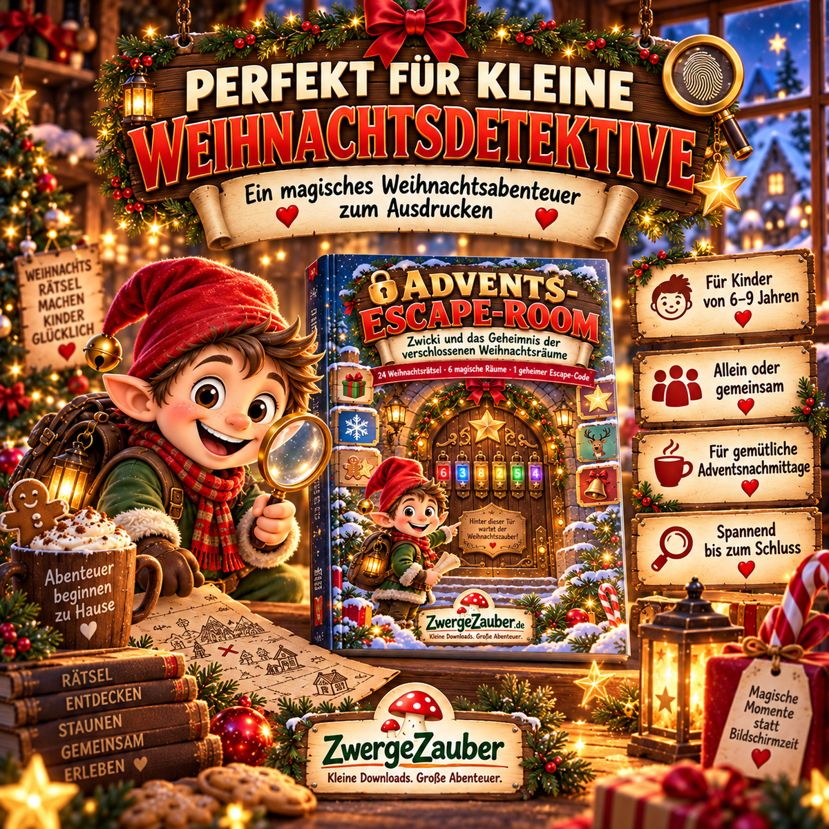 Advents-Escape-Room zum Ausdrucken für kleine Weihnachtsdetektive von 6–9 Jahren allein oder gemeinsam