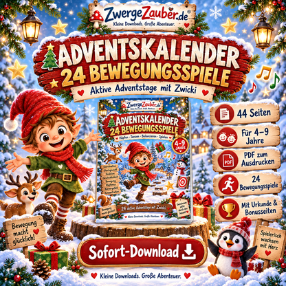 Adventskalender mit 24 Bewegungsspielen für Kinder von 4 bis 9 Jahren – 44 Seiten PDF von ZwergeZauber