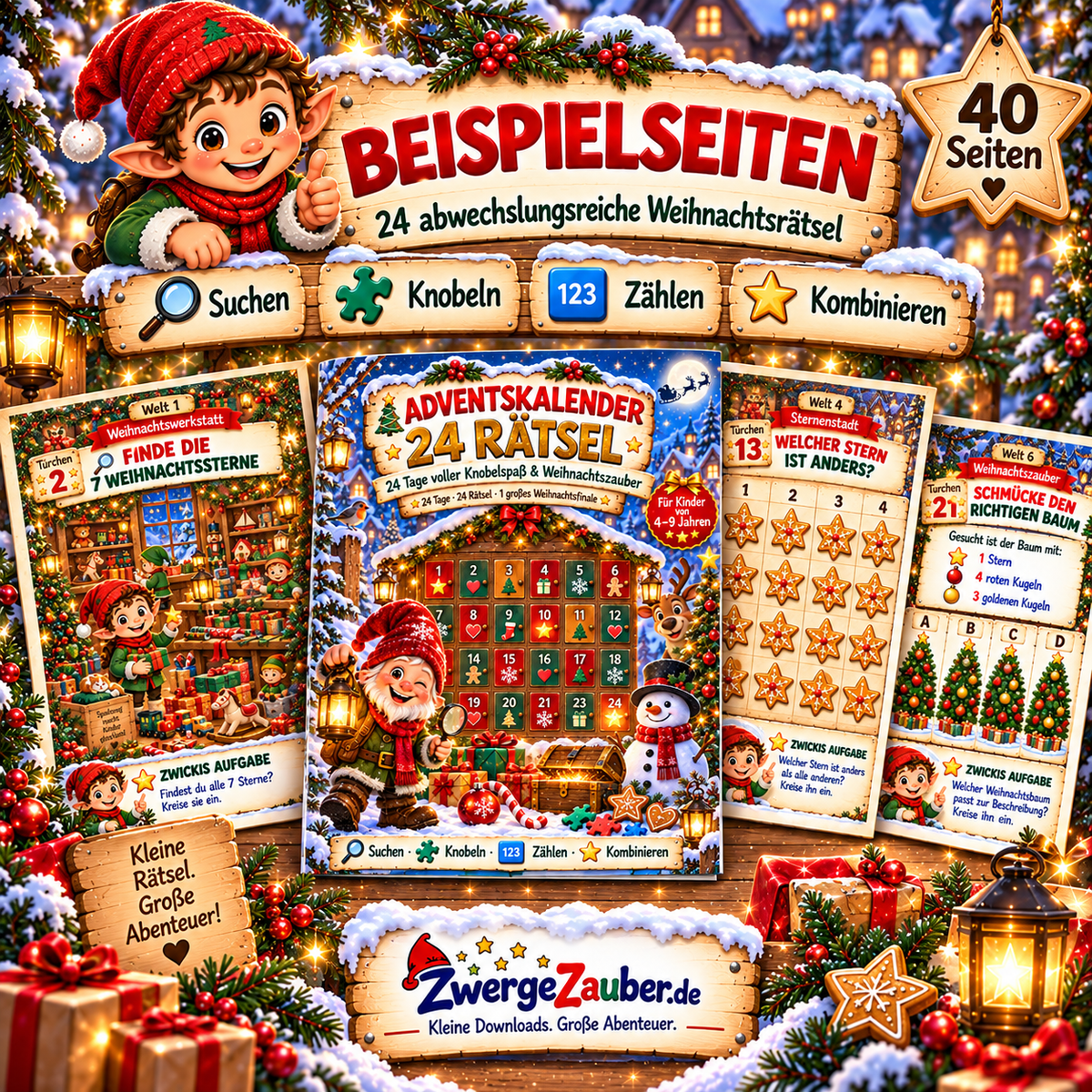 Beispielseiten aus dem Adventskalender mit 24 Weihnachtsrätseln für Kinder – Suchen, Knobeln, Zählen und Kombinieren