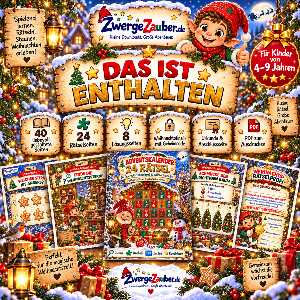 Das ist enthalten im Adventskalender 24 Rätsel – 40 Seiten mit 24 Rätseln, Lösungen, Finale und Urkunde