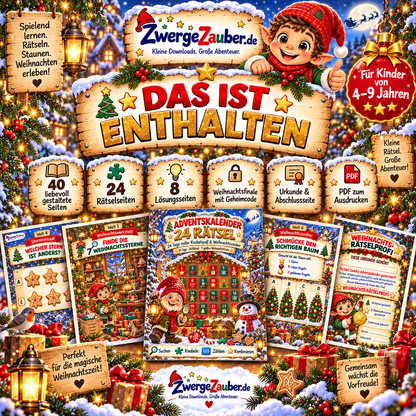 Das ist enthalten im Adventskalender 24 Rätsel – 40 Seiten mit 24 Rätseln, Lösungen, Finale und Urkunde