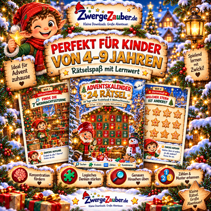 Adventskalender mit 24 Rätseln für Kinder von 4 bis 9 Jahren zur Förderung von Konzentration, Logik und genauem Hinsehen