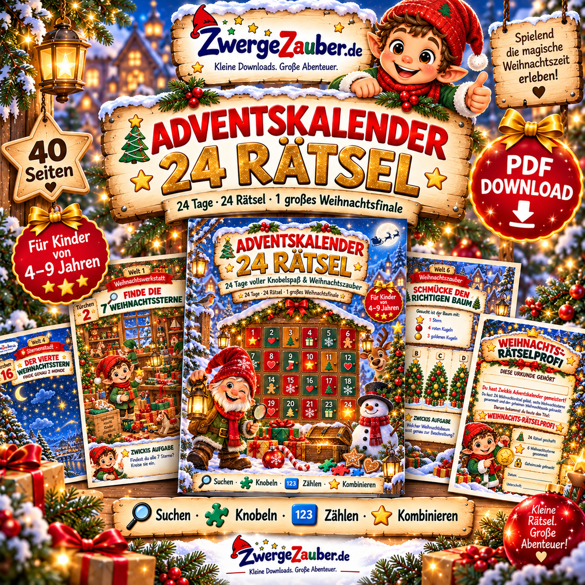 Adventskalender mit 24 Weihnachtsrätseln für Kinder von 4 bis 9 Jahren – 40 Seiten PDF von ZwergeZauber