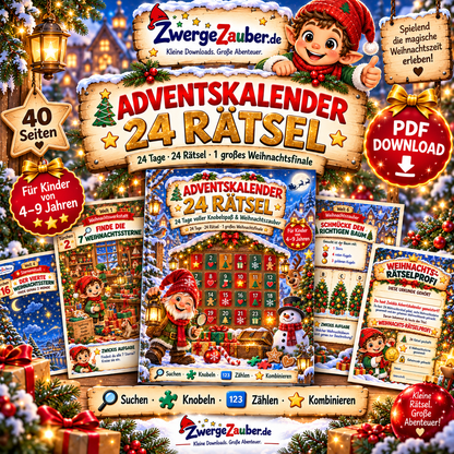 Adventskalender mit 24 Weihnachtsrätseln für Kinder von 4 bis 9 Jahren – 40 Seiten PDF von ZwergeZauber