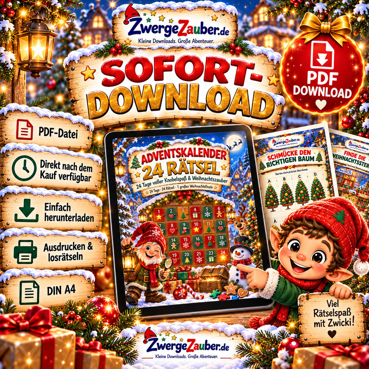 Adventskalender 24 Rätsel als PDF Sofort-Download zum Ausdrucken im DIN-A4-Format