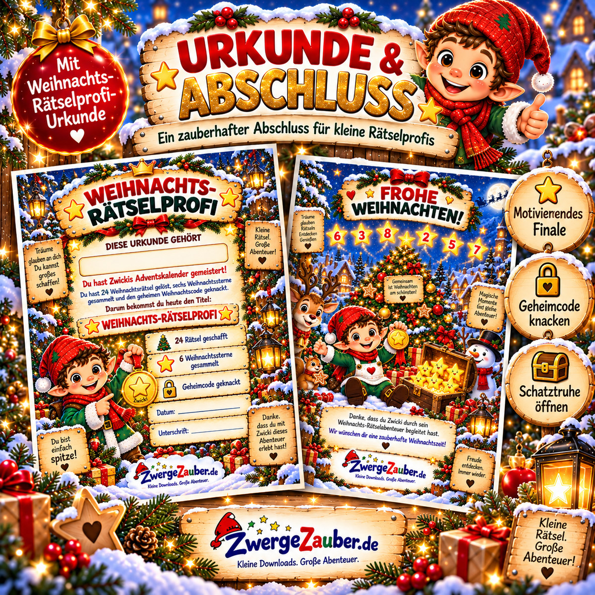 Weihnachts-Rätselprofi Urkunde und festliche Abschlussseite im Adventskalender mit 24 Rätseln