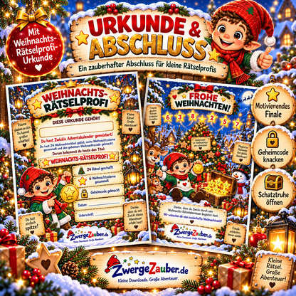 Weihnachts-Rätselprofi Urkunde und festliche Abschlussseite im Adventskalender mit 24 Rätseln