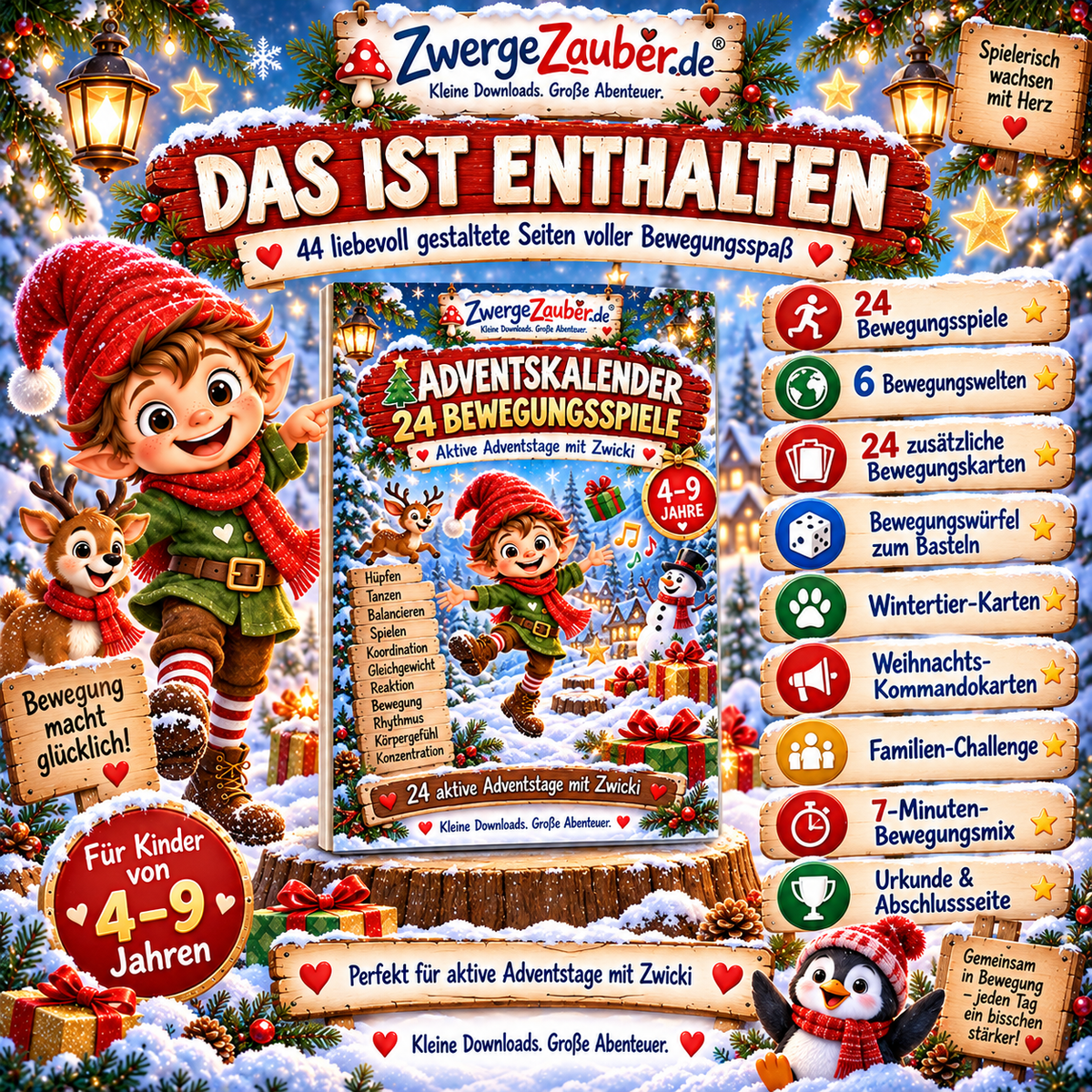 Das ist enthalten im ZwergeZauber Adventskalender: 24 Bewegungsspiele, Bewegungskarten, Würfel, Wintertierkarten und Urkunde