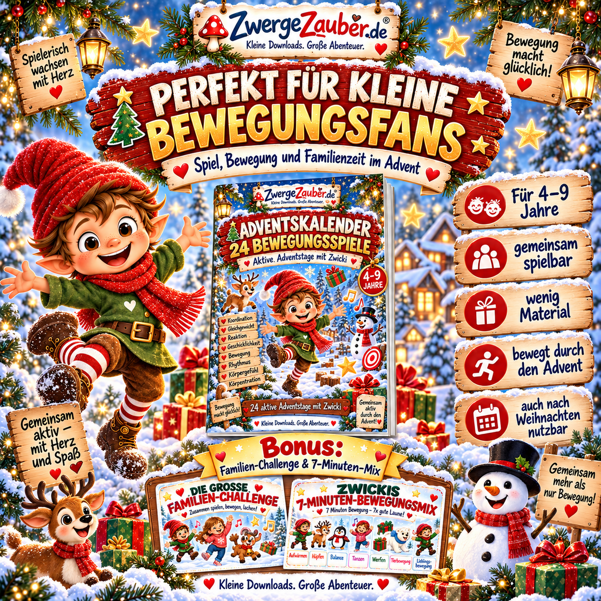 Bewegungs-Adventskalender für Kinder mit Familien-Challenge, 7-Minuten-Bewegungsmix und 24 aktiven Adventstagen